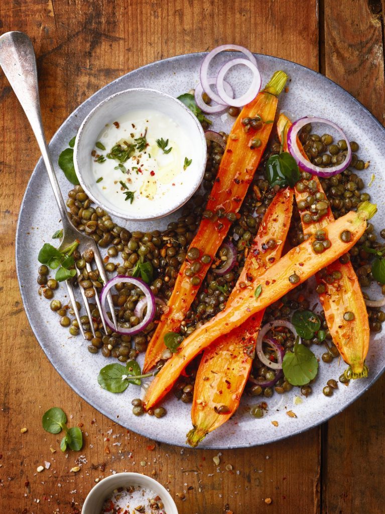 Salade de carottes rôties aux lentilles et au chèvre