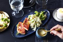 Filet de rouget, sauce à l’orange, fenouil, tombée de choux de Bruxelles