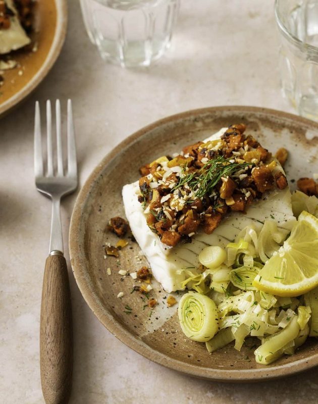 Crumble de légumes, carotte, cabillaud, amandes